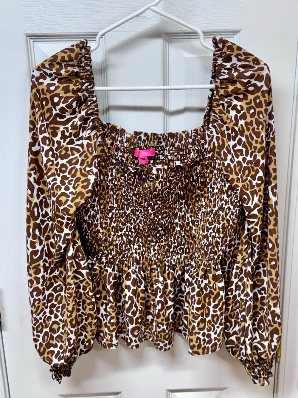 Lilly Pulitzer Demi Leopard Smocked Peplum Long Sleeve Top Brown Size L